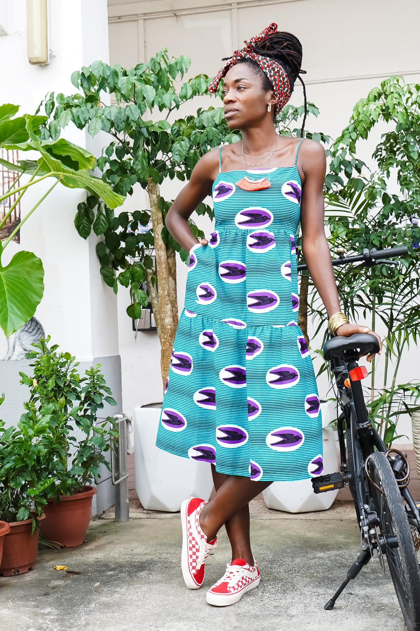 Okiki Spaghetti Strap Dress - Turquoise Speed Bird African Ankara Wax Cotton Print