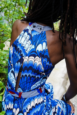 Tuki Keyhole Jumpsuit - Blue Feathers African Ankara Wax Cotton Print