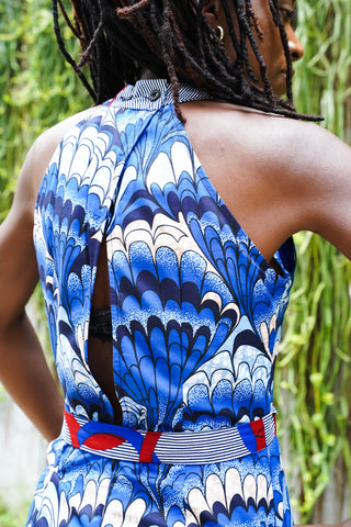 Tuki Keyhole Jumpsuit - Blue Feathers African Ankara Wax Cotton Print