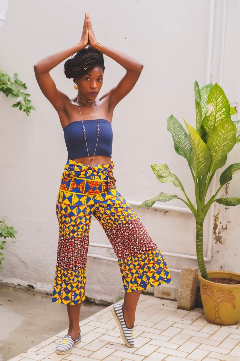 Melesse Side Split Hem Pants - Yellow Blue  African Ankara Wax Cotton Print