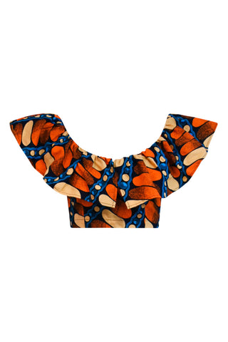 Adaora Frill Crop Top - Orange/Blue Pearls and Pebbles Print |TROPICANA
