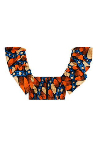 Adaora Frill Crop Top - Orange/Blue Pearls and Pebbles Print |TROPICANA