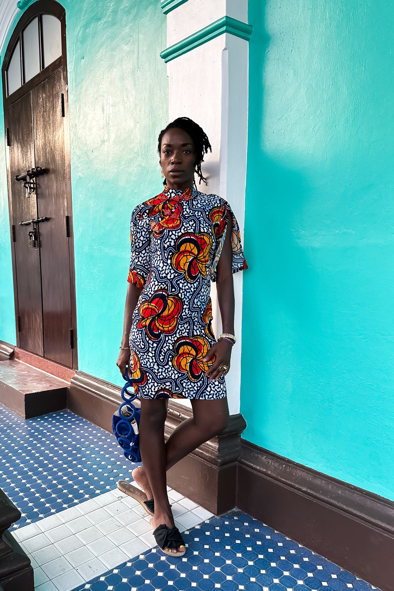 Renni Cheongsam Dress - Blue Yellow &Orange Odo Ayo Print