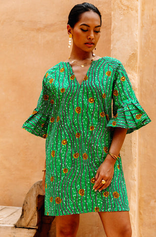 Abayomi Mini Dress - Green River Blossoms African Ankara Wax Cotton Print