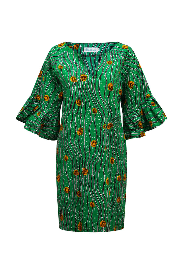 Abayomi Mini Dress - Green River Blossoms African Ankara Wax Cotton Print