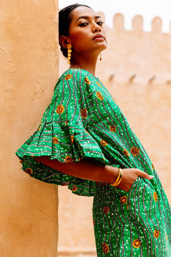 Abayomi Mini Dress - Green River Blossoms African Ankara Wax Cotton Print