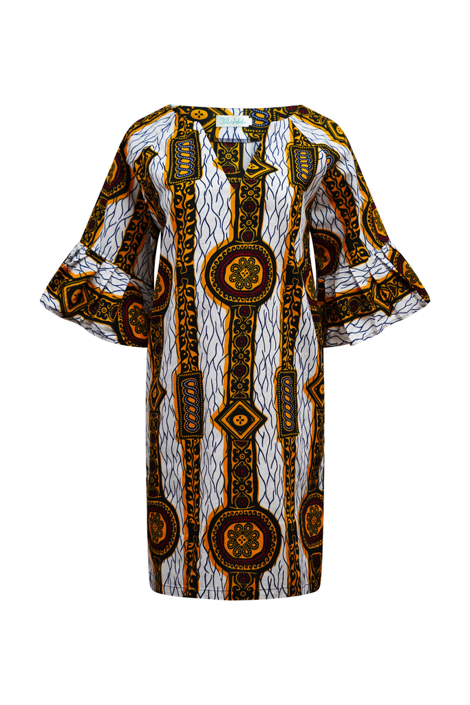 Abayomi Mini Dress - White Gold Chain Eban's Blessing African Ankara Wax Cotton Print