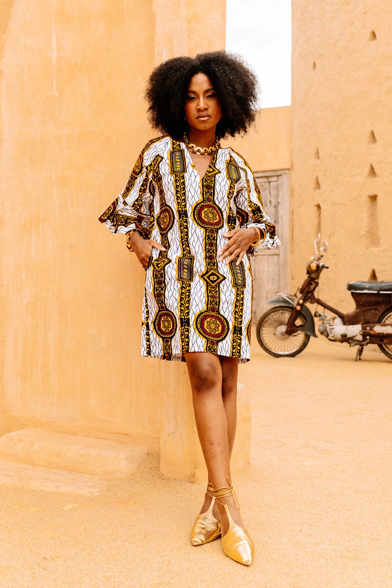 Abayomi Mini Dress - White Gold Chain Eban's Blessing African Ankara Wax Cotton Print