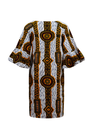 Abayomi Mini Dress - White Gold Chain Eban's Blessing African Ankara Wax Cotton Print