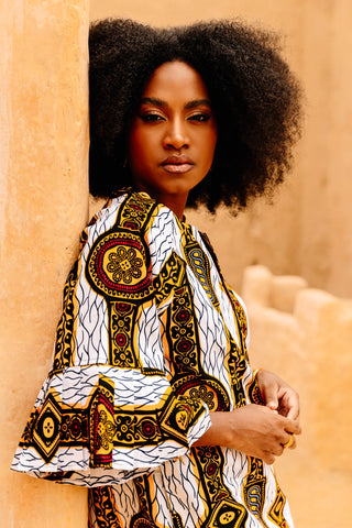 Abayomi Mini Dress - White Gold Chain Eban's Blessing African Ankara Wax Cotton Print