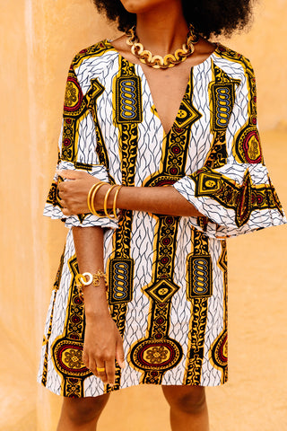 Abayomi Mini Dress - White Gold Chain Eban's Blessing African Ankara Wax Cotton Print