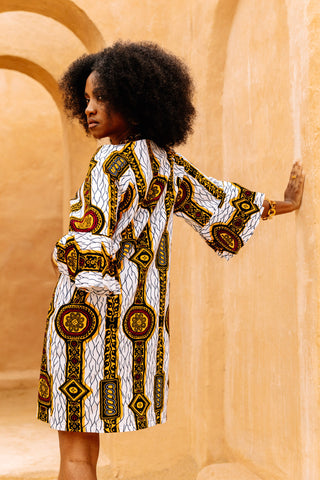 Abayomi Mini Dress - White Gold Chain Eban's Blessing African Ankara Wax Cotton Print