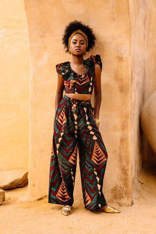 Adaora Wide leg Twin Set - Green Sangria African Ankara Wax Cotton Print