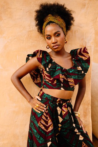 Adaora Wide leg Twin Set - Green Sangria African Ankara Wax Cotton Print