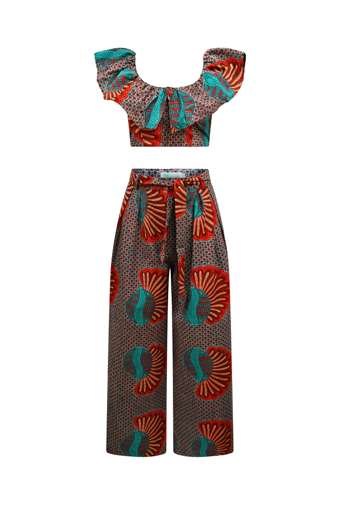 Adaora Wide leg Twin Set - Blue Shell African Ankara Wax Cotton Print