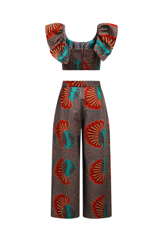 Adaora Wide leg Twin Set - Blue Shell African Ankara Wax Cotton Print