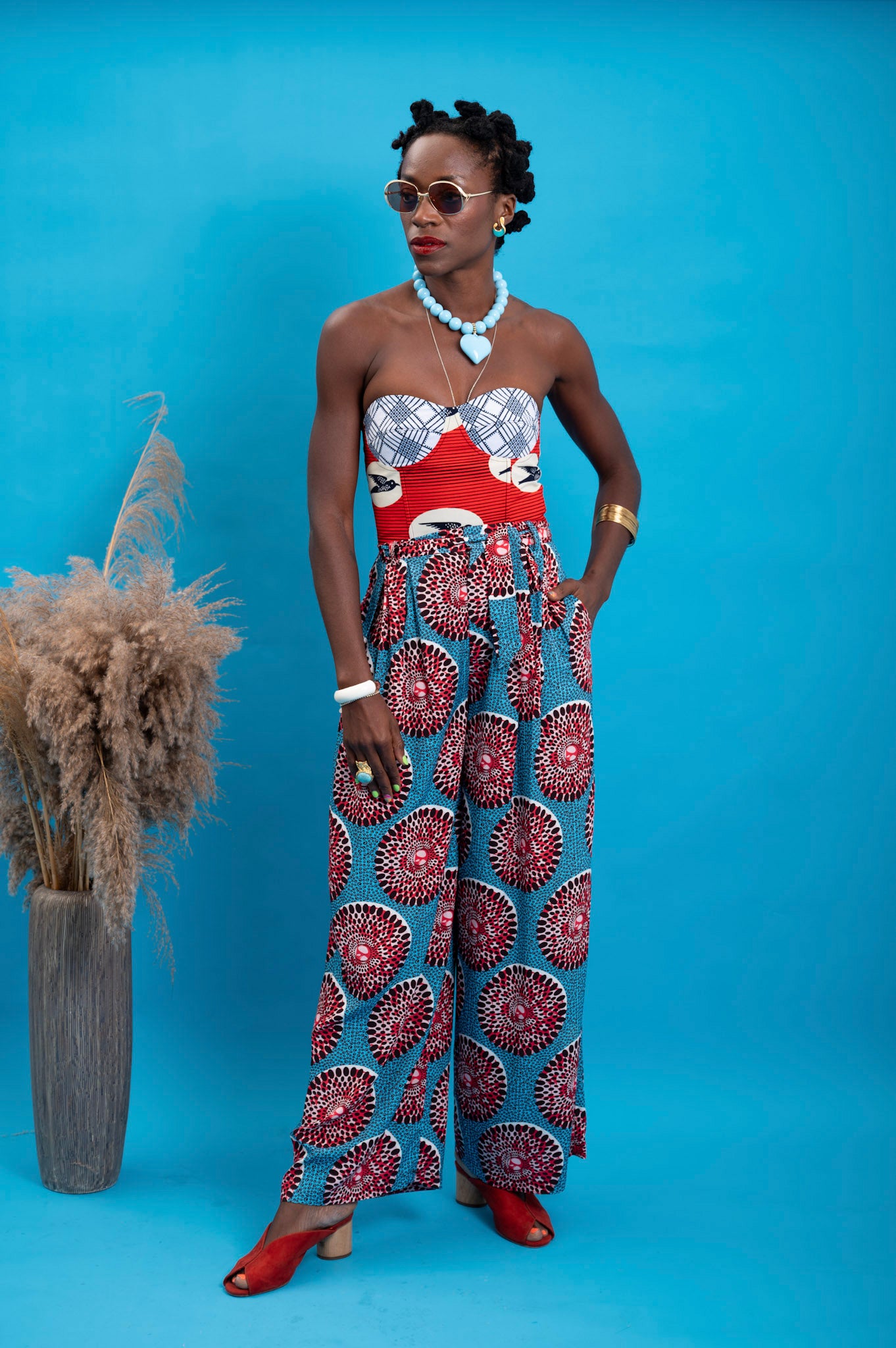 Adaora Wide Leg Pants - Red and White Water Well Print