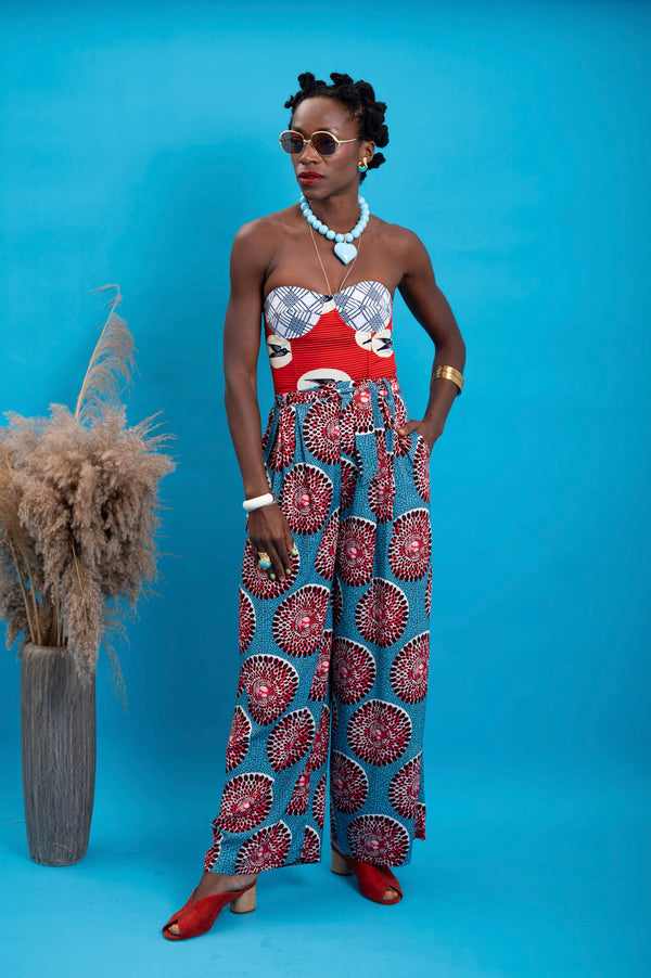 Adaora Wide Leg Pants - Red and White Water Well Print
