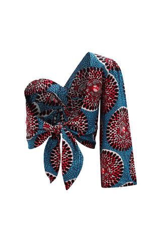 Aicha One shoulder neckline Top - Blue and Red Water Well Print