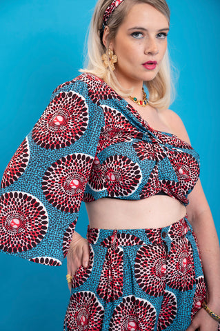 Aicha One shoulder neckline Top - Blue and Red Water Well Print