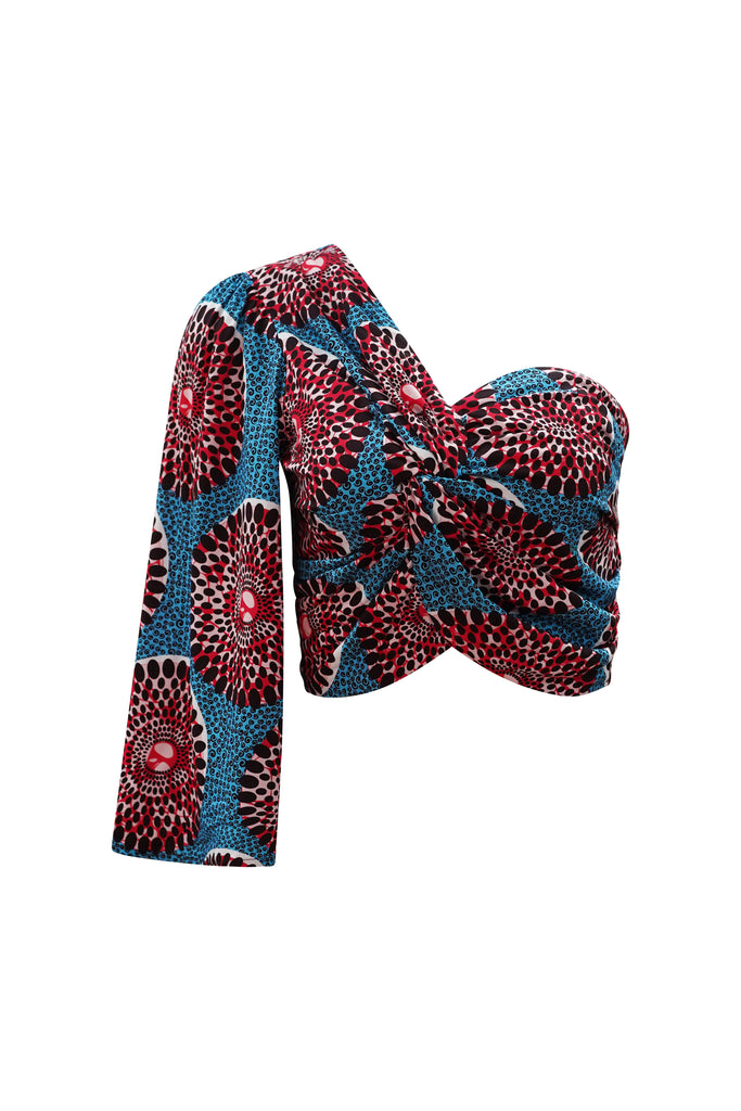 Aicha One shoulder neckline Top - Blue and Red Water Well Print