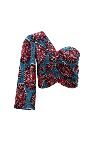 Aicha One shoulder neckline Top - Blue and Red Water Well Print