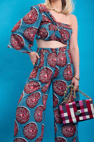Aicha One shoulder neckline Top - Blue and Red Water Well Print
