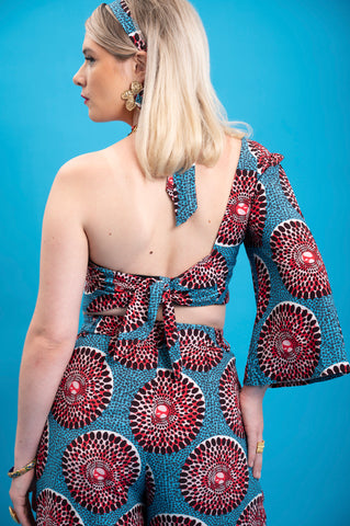 Aicha One shoulder neckline Top - Blue and Red Water Well Print
