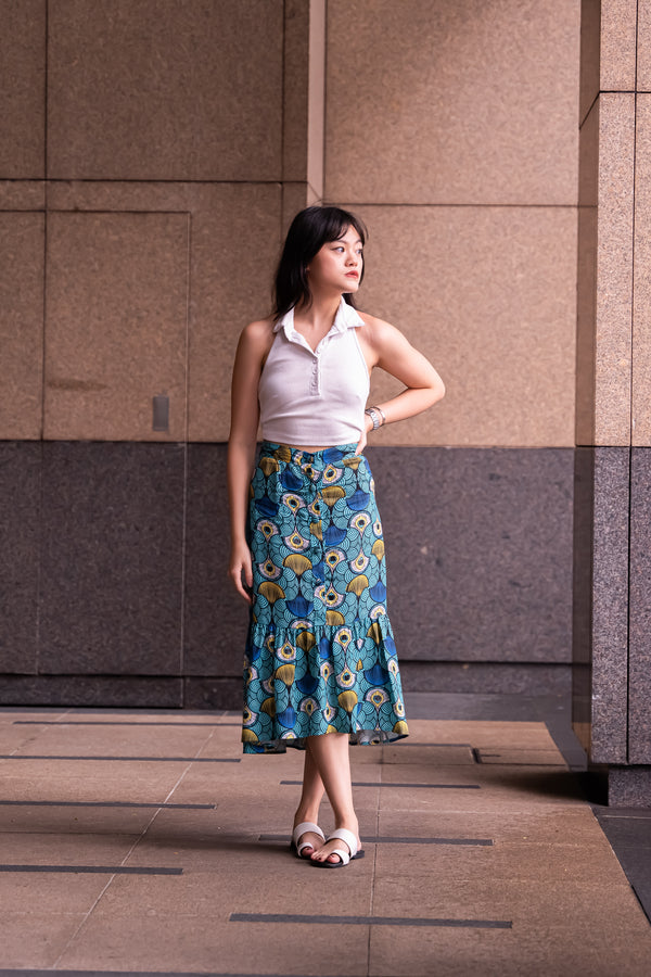 Ajah Flounce Hem Pencil Skirt - Teal Ewa Naibu - OA OG Print