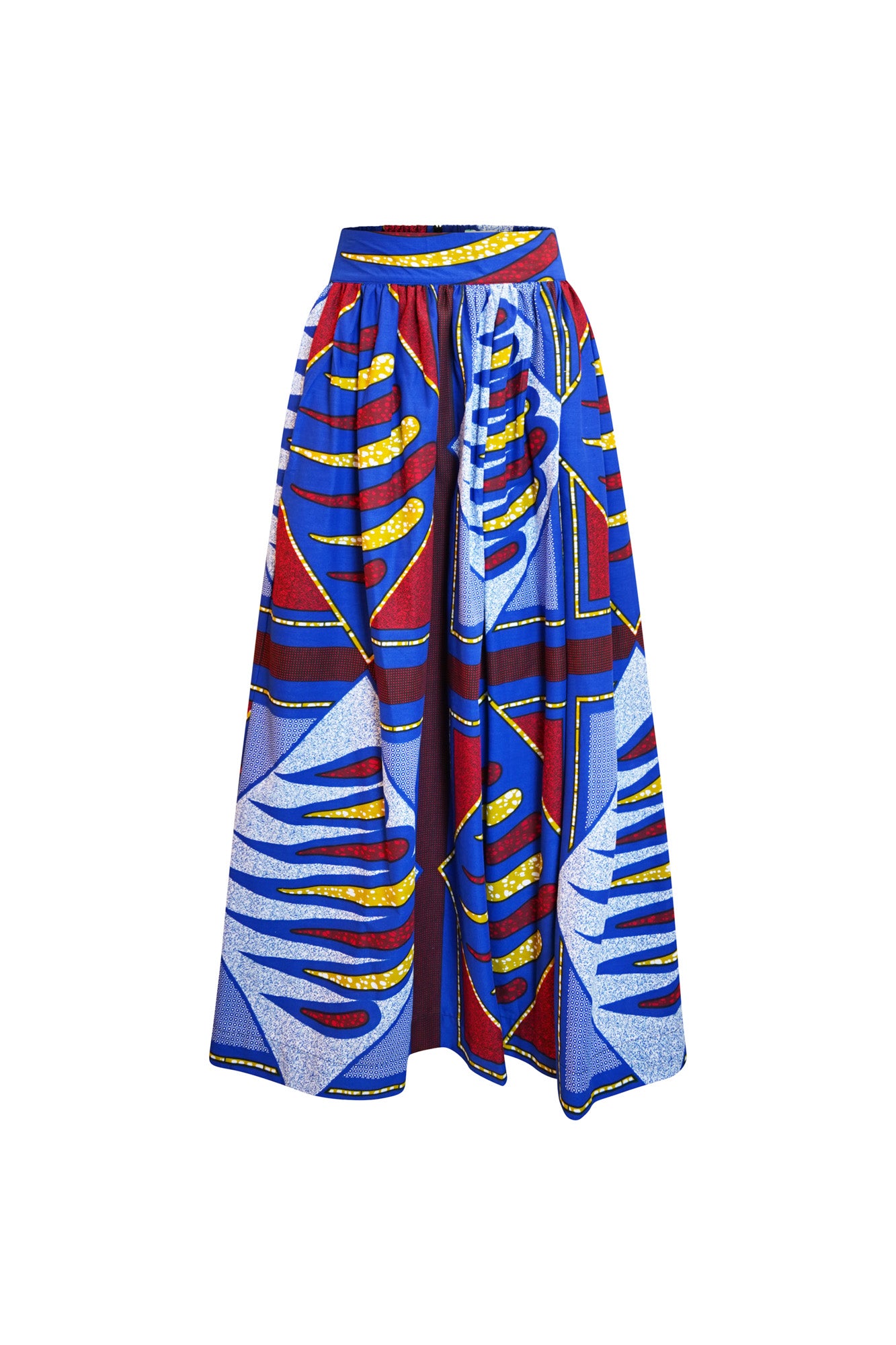 Ajaka Maxi Skirt - Blue Yellow and Red Escapades African Ankara Wax Cotton Print