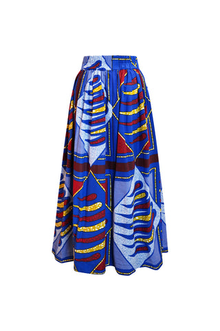 Ajaka Maxi Skirt - Blue Yellow and Red Escapades African Ankara Wax Cotton Print