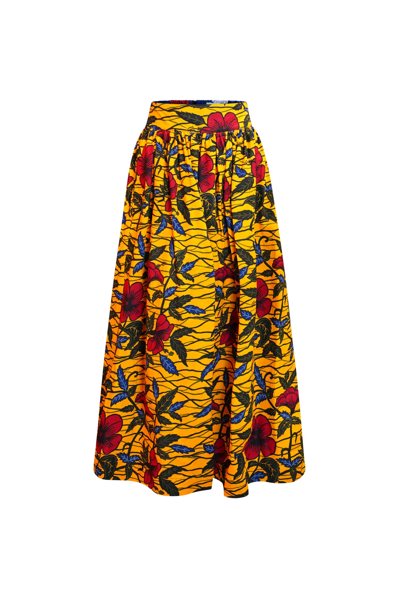 Ajaka Maxi Skirt - Yellow and Red Hibiscus African Ankara Wax Cotton Print