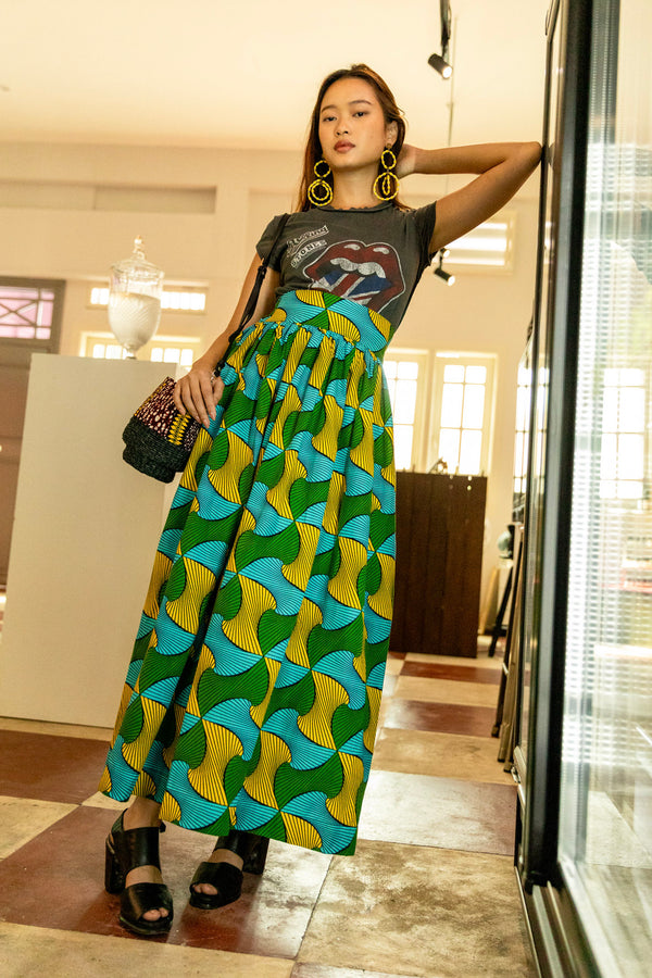 Ajaka Maxi Skirt - Yellow Green Cyan Santana African Ankara Wax Cotton Print