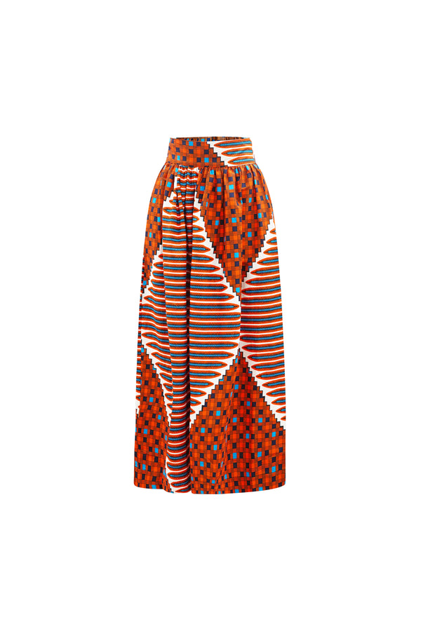 Ajaka Maxi Skirt - Orange White Blue African Ankara Wax Cotton Print