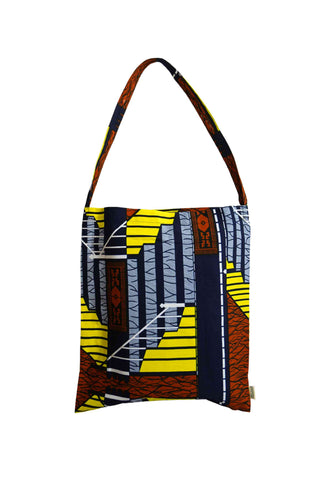 Akoli Messenger Totebag - Blue Brown and Yellow African Ankara Wax Cotton Print