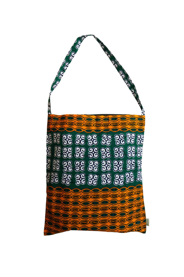 Akoli Messenger Totebag - Green Orange and White African Ankara Wax Cotton Print