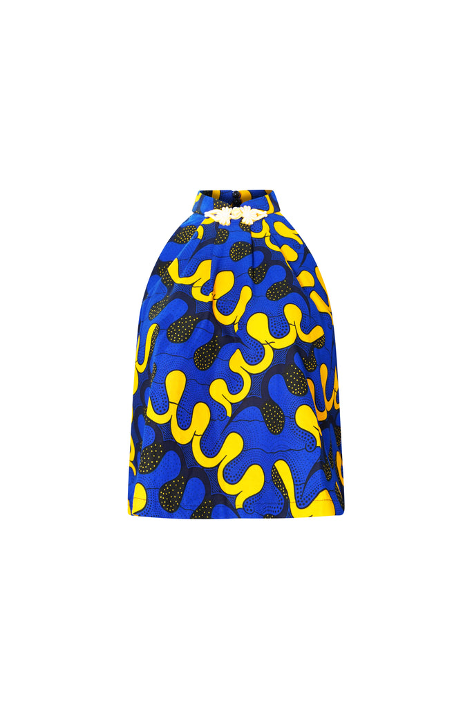 Alika Halter Neck Top - Blue and Yellow Awoulaba African Ankara Wax Cotton Print