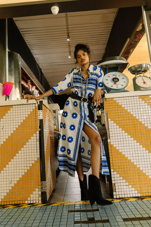 Anulika Shirt-Dress - Blue and white Khanga Print