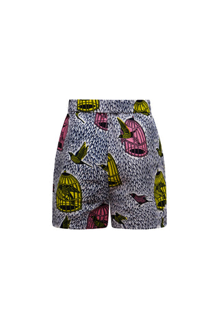 Anuli Shorts - White Yellow and Pink Freedom Cage African Ankara Wax Cotton Print