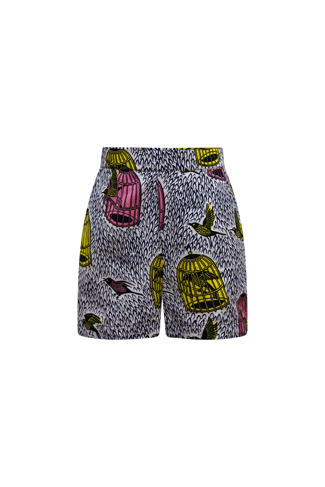 Anuli Shorts - White Yellow and Pink Freedom Cage African Ankara Wax Cotton Print