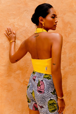 Anuli Shorts - White Yellow and Pink Freedom Cage African Ankara Wax Cotton Print