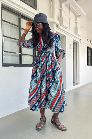 Asali Maxi Smock Dress - Blue and Orange African Ankara Wax Cotton Print
