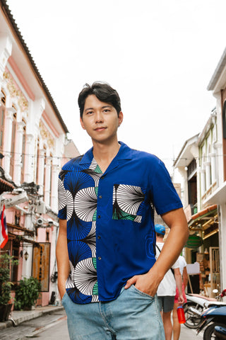 Ashanti Unisex Shirt  - Blue White & Green Ewa Naibu Print