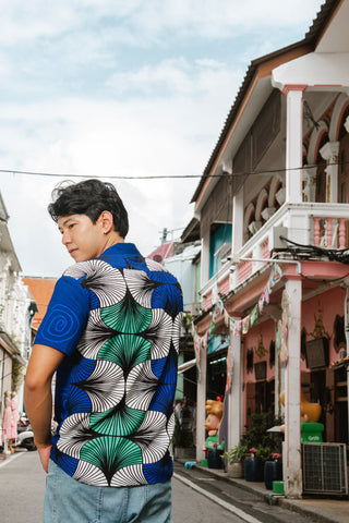 Ashanti Unisex Shirt  - Blue White & Green Ewa Naibu Print