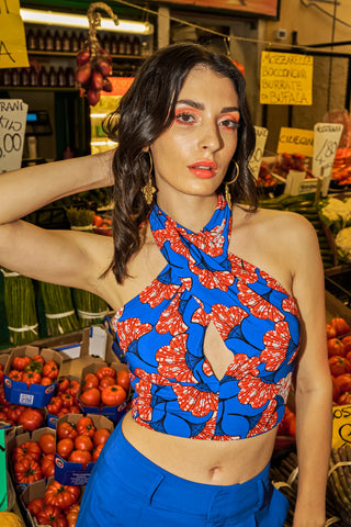 Bisa Reversi Crossed Halter Neck Crop Top - Blue Red White Rolls Royce Print | ILC OA OG