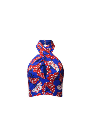 Bisa Reversi Crossed Halter Neck Crop Top - Blue Red White Rolls Royce Print | ILC OA OG