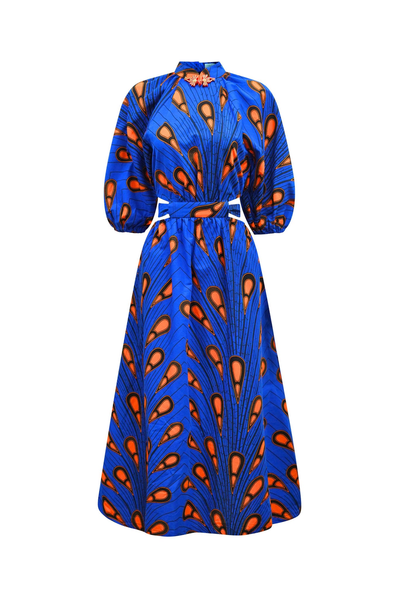 Rosemary Maxi Dress - Orange Blue Peacock African Ankara Wax Cotton Print