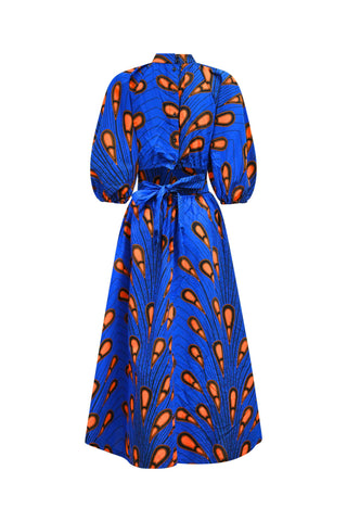 Rosemary Maxi Dress - Orange Blue Peacock African Ankara Wax Cotton Print