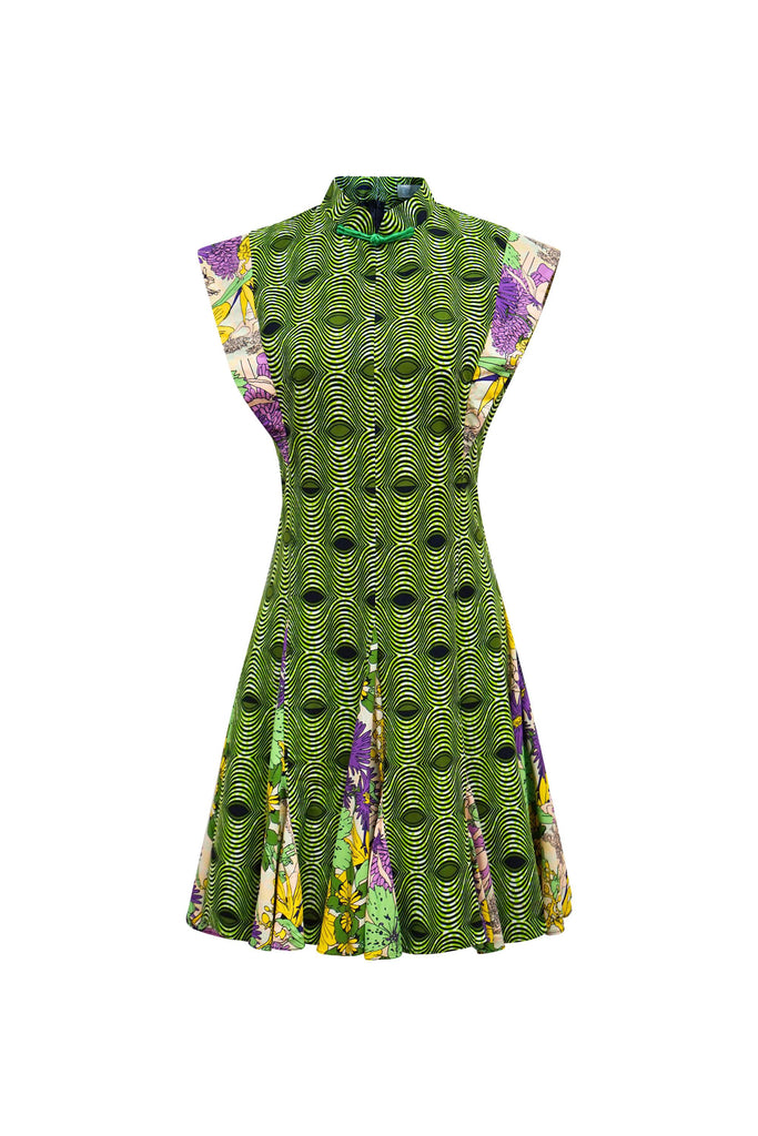 Emil Cheongsam Dress - Green Ankara and Pink Garden Mosaic Prints