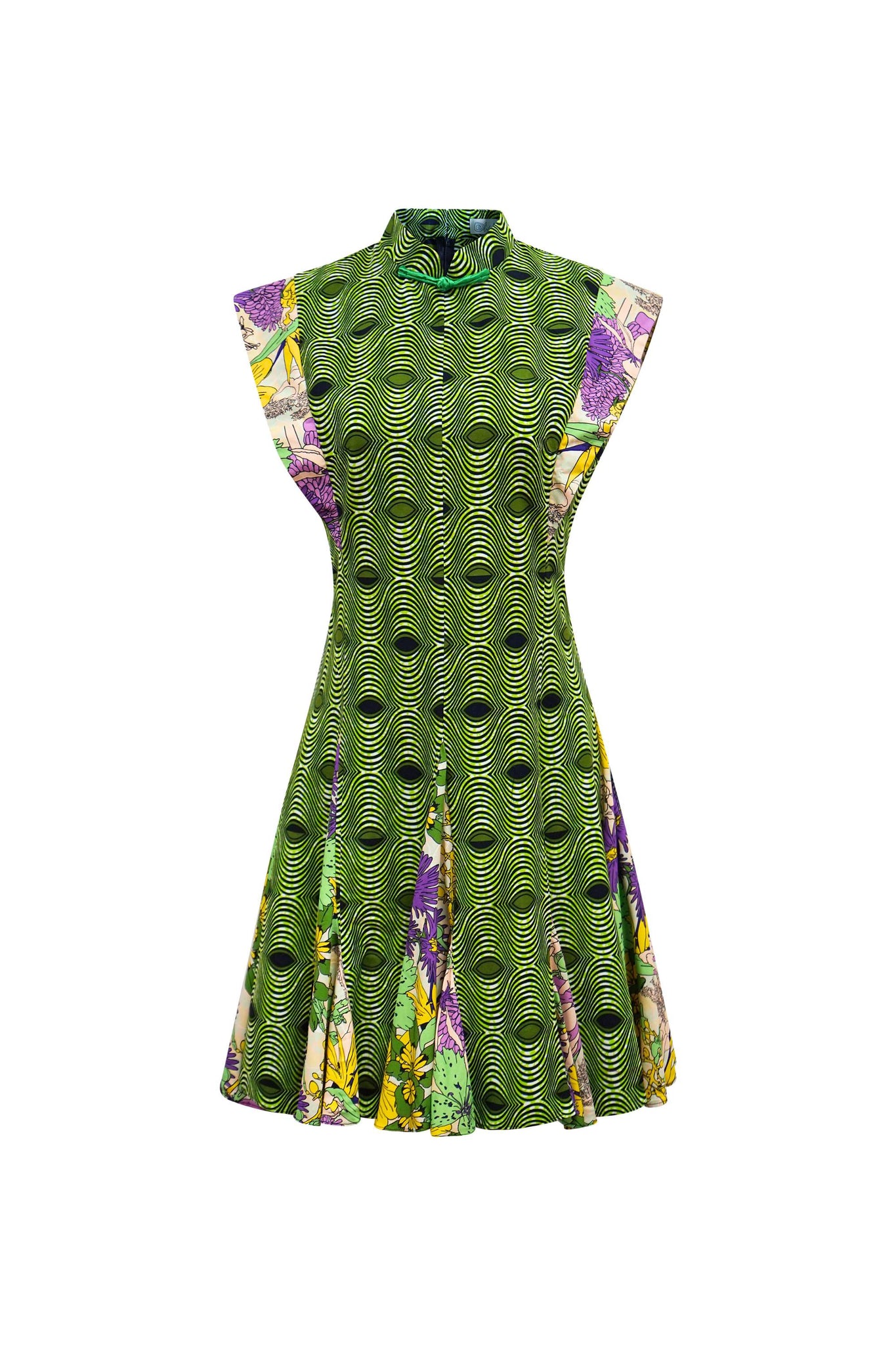 Emil Cheongsam Dress - Green Ankara and Pink Garden Mosaic Prints